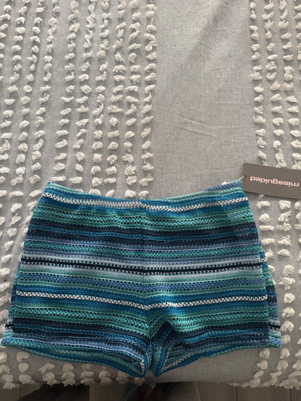 Missguided Blue & Teal Striped Crochet Athletic Shorts